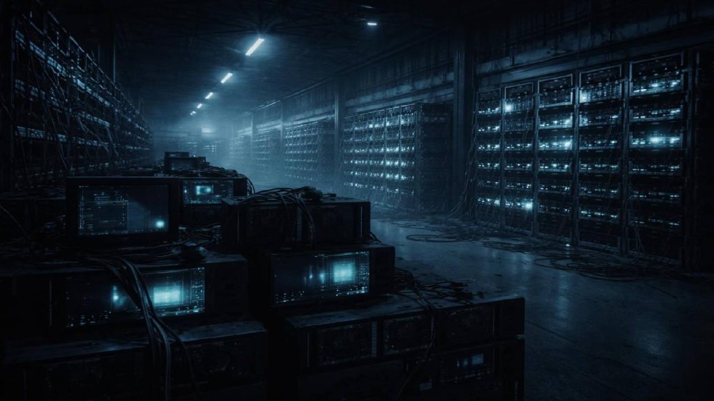 Illustration du faux minage Bitcoin de BitClub Network, montrant une infrastructure industrielle présentée comme productive mais partiellement inactive