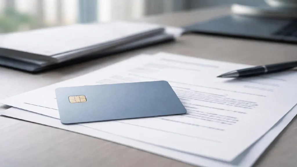 Carte bancaire générique posée sur un document de virement bancaire