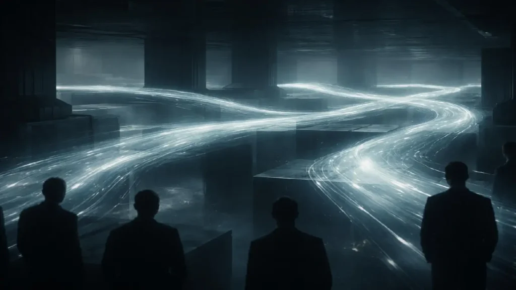 Illustration représentant une circulation des fonds volontairement opaque acceptée et normalisée par le discours interne d’un système financier