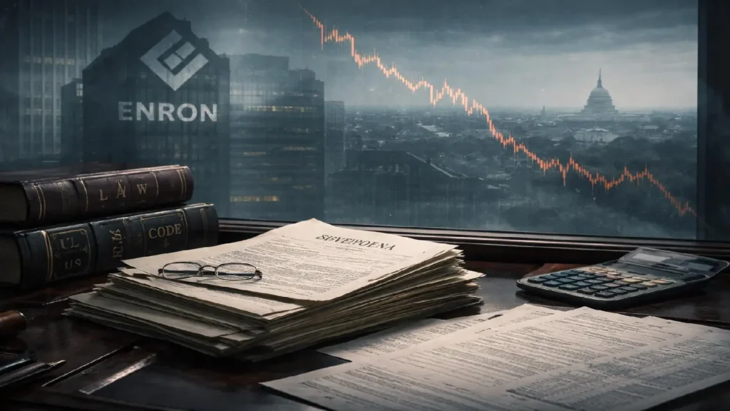 Illustration symbolisant Enron comme référence historique majeure dans la régulation financière américaine