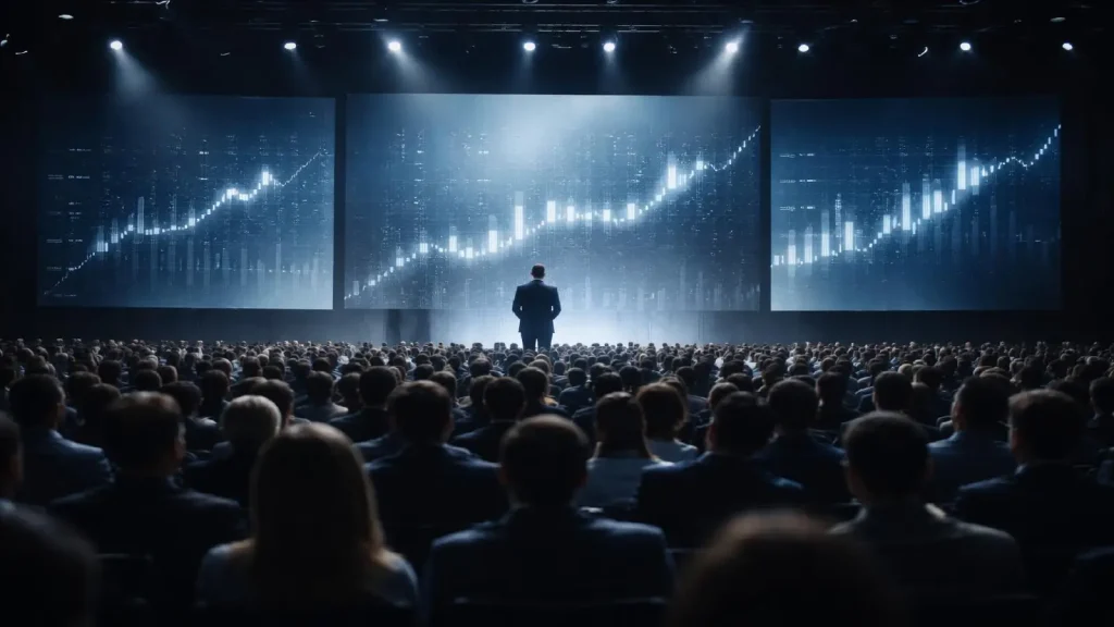 Illustration d’une conférence financière en Russie montrant l’ascension de Finiko présentée comme une opportunité financière innovante