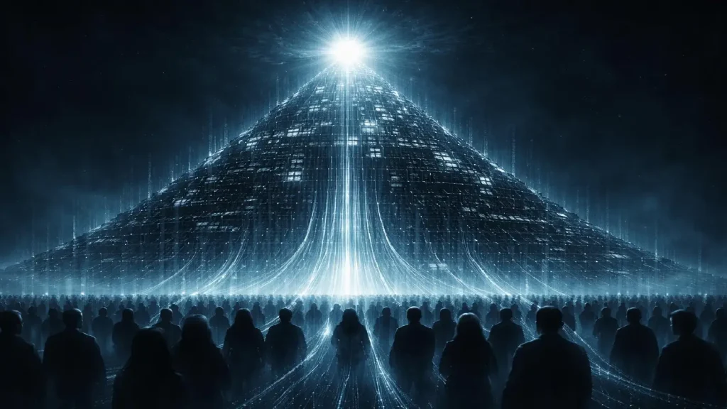 Illustration du système crypto Forsage présenté comme décentralisé et reposant sur des flux financiers automatisés