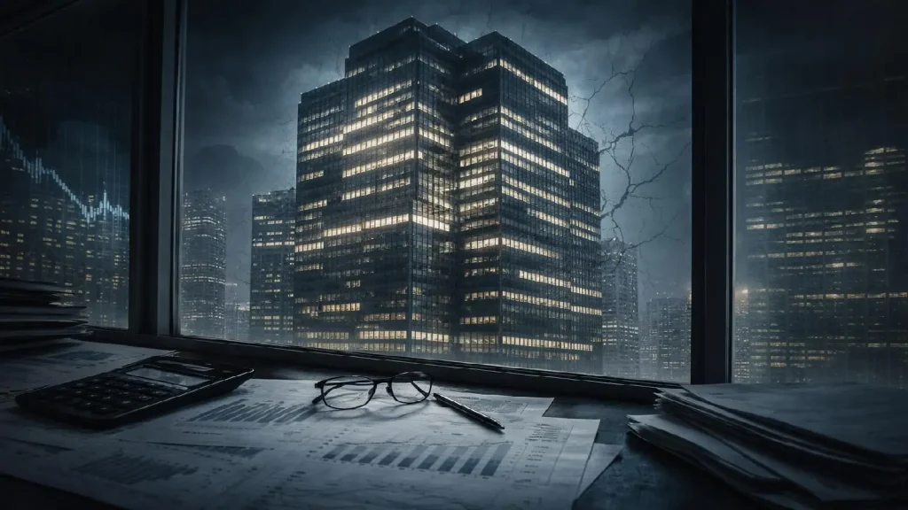 Immeuble d’entreprise symbolisant l’illusion de solidité financière avant l’effondrement d’Enron