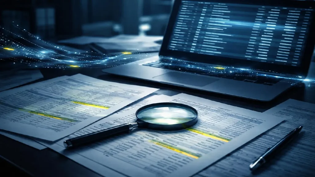 Documents financiers et flux numériques illustrant l’analyse des flux financiers liés à JuicyFields