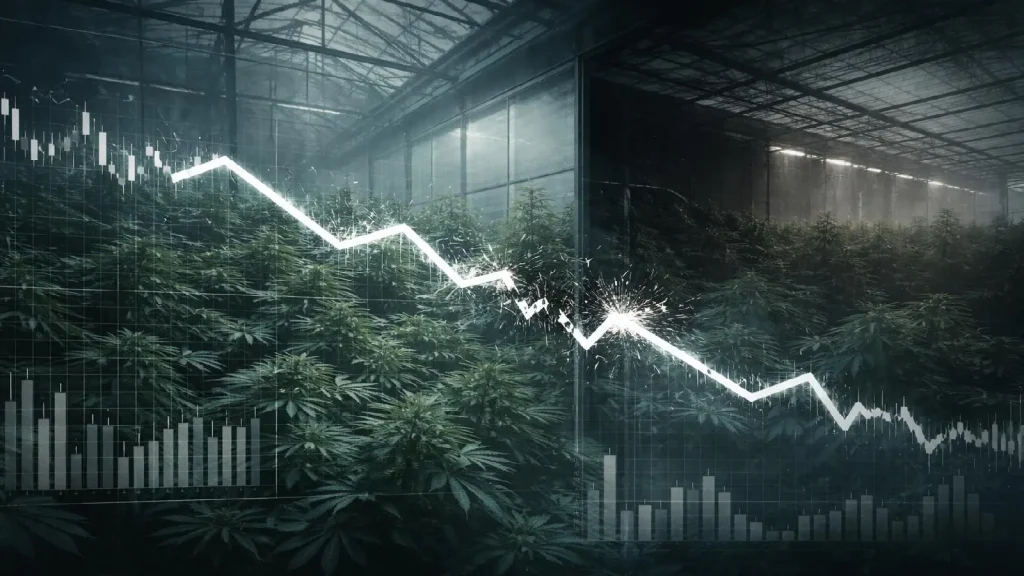 Graphique financier en chute superposé à une serre de cannabis illustrant la fragilité du modèle JuicyFields