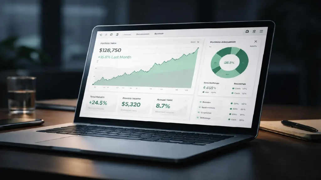 Tableau de bord d’investissement moderne illustrant une plateforme fintech structurée