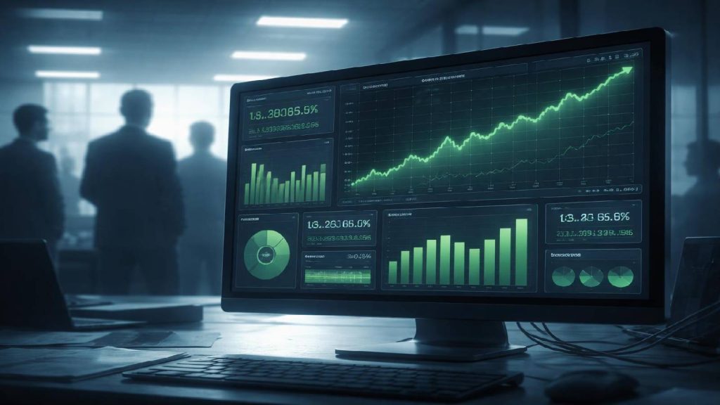 Illustration d’un tableau de bord financier interne affichant des performances artificielles derrière une façade éducative dans le système OmegaPro