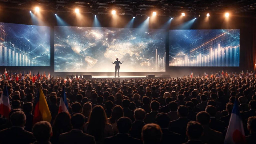 Illustration d’une conférence internationale scénarisée mettant en scène des figures charismatiques pour promouvoir le système OmegaPro