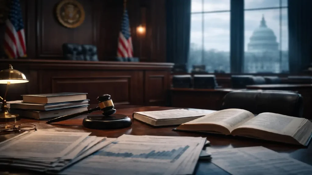 Salle d’audience fédérale illustrant les poursuites judiciaires liées au scandale Enron et la responsabilité des dirigeants