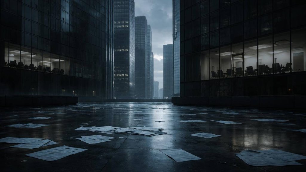 Illustration documentaire représentant l’effondrement d’un groupe financier et ses conséquences durables sur la confiance des marchés