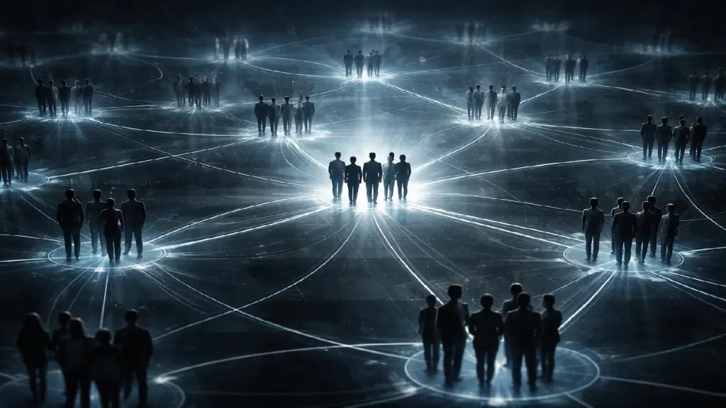 Illustration représentant un réseau de recrutement structuré et une dépendance croissante aux flux entrants dans un système financier non régulé