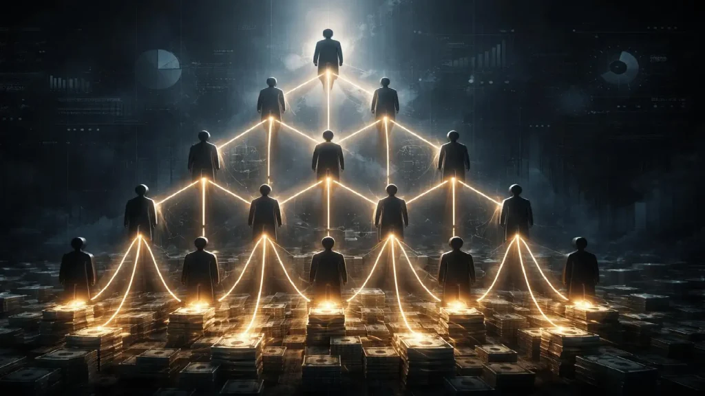 Illustration d’un système de parrainage hiérarchisé avec flux financiers multi-niveaux