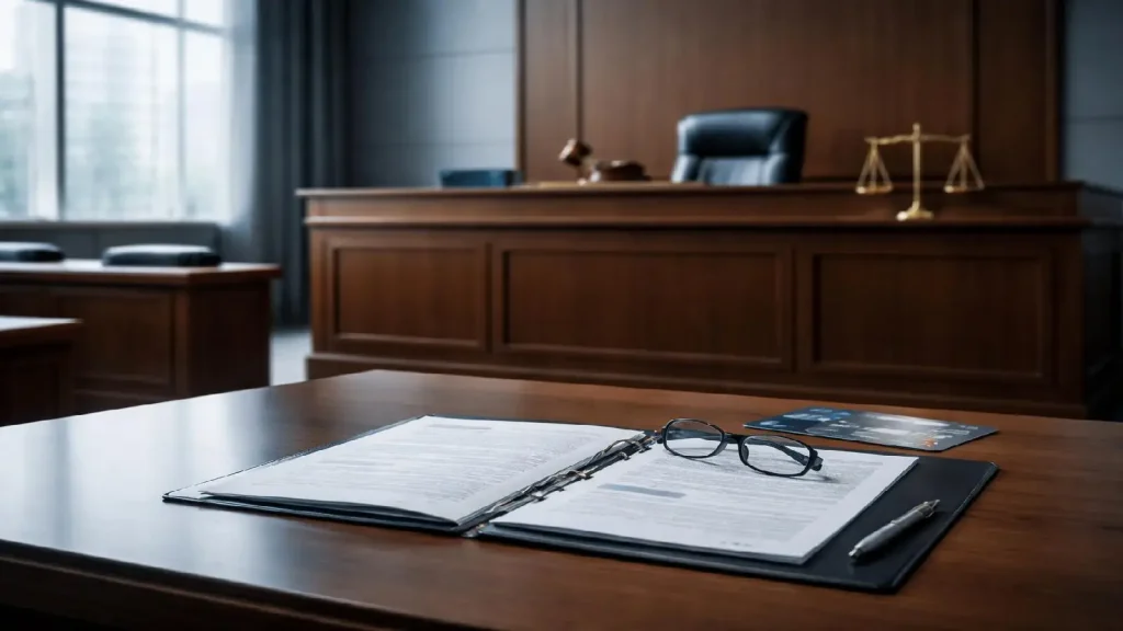 Salle d’audience moderne avec dossier bancaire illustrant un litige entre client et banque